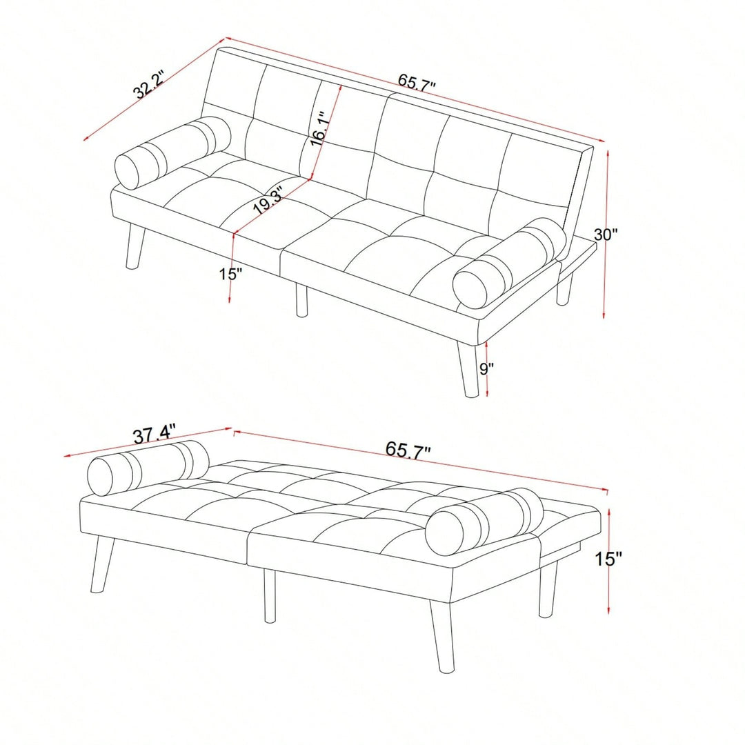 Grey 2-Person Convertible Sofa Bed Futon with Solid Wood Legs and Foam Polyester Filling 500lbs Capacity 65.7L X 32.2W X Image 7