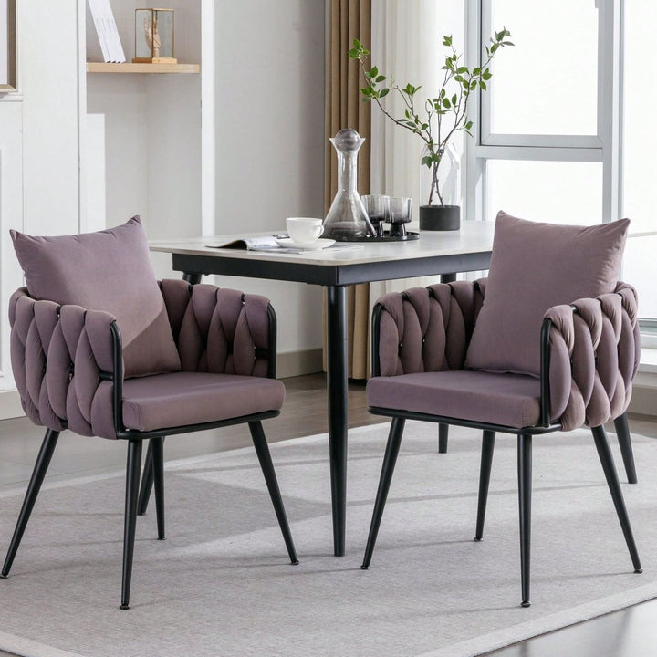 Hand-Woven Velvet Dining Chairs Set of 2 Upholstered Accent Chairs with Black Metal Legs for Kitchen Living Room Image 2