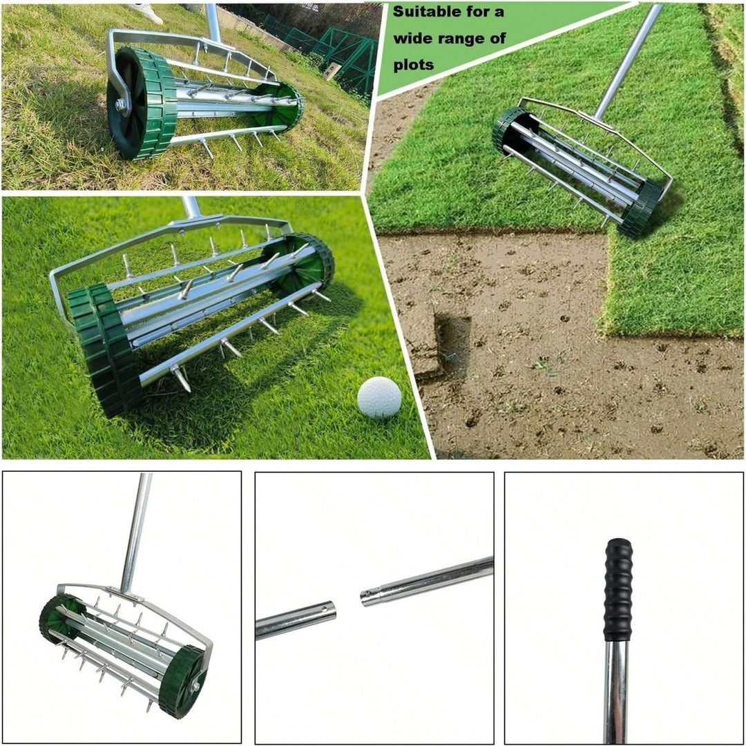 Heavy Duty Rotary Lawn Aerator with Long Steel Handle for Effective Soil Aeration and Grass Care Image 2