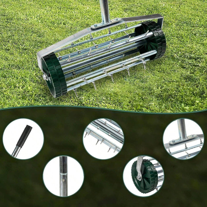 Heavy Duty Rotary Lawn Aerator with Long Steel Handle for Effective Soil Aeration and Grass Care Image 4