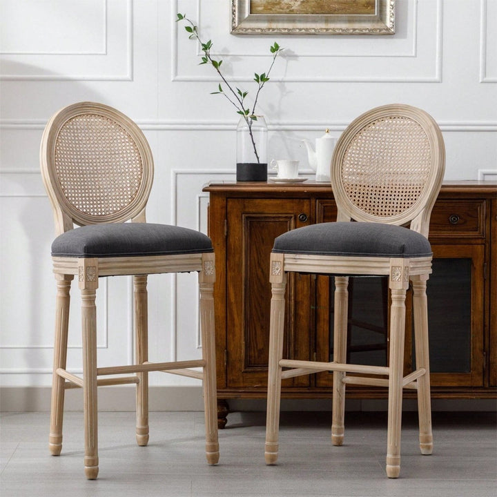 French Country Wooden Barstools Rattan Back With Upholstered Seating , Set Of 2 Image 2