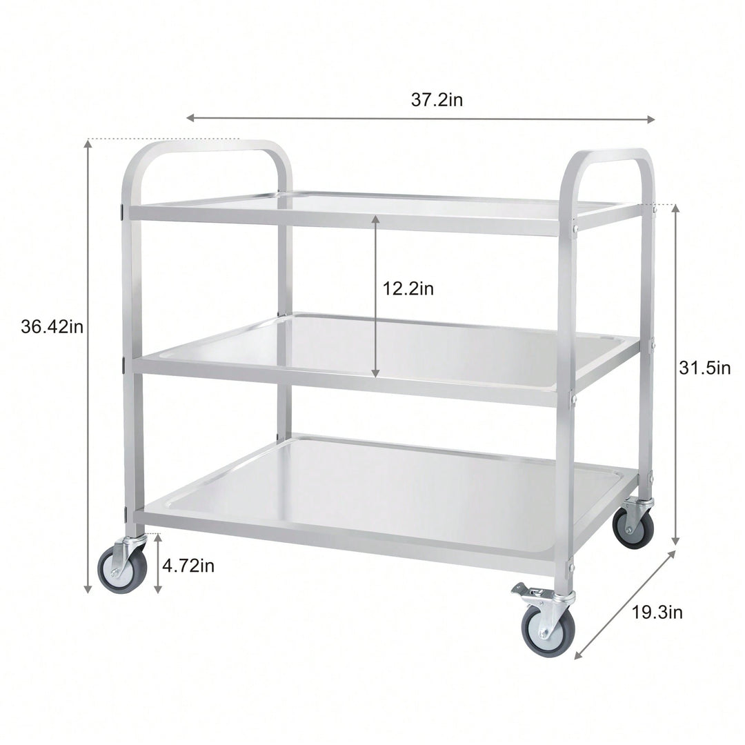 Heavy-Duty 3-Tier Stainless Steel Rolling Cart with Locking Wheels for Kitchen and Service Use 400 LBS Capacity Image 5