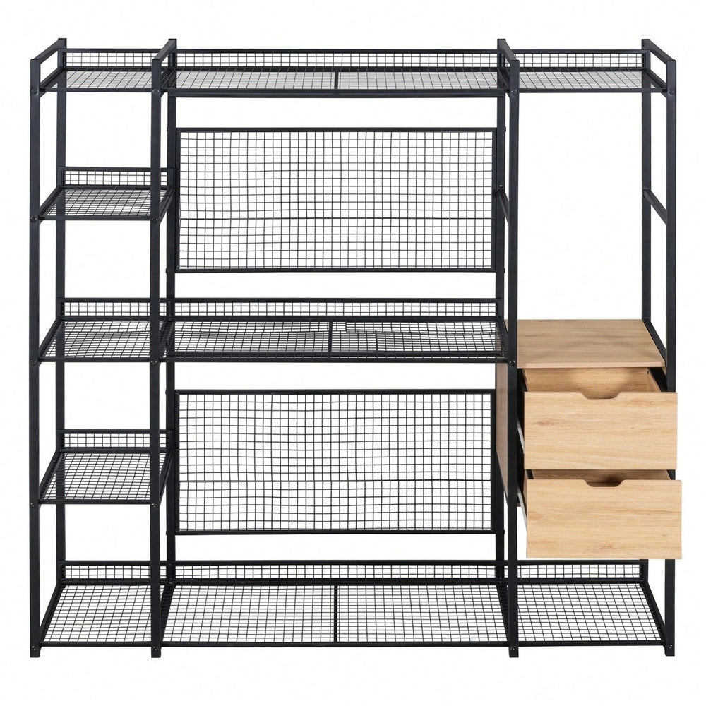 Industrial Open Wardrobe With Hanging Rails, Shelves, And Drawers, Large Clothing Rack With Storage For Bedroom Image 2