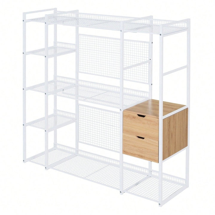 Industrial Open Wardrobe With Hanging Rails, Shelves, And Drawers, Large Clothing Rack With Storage For Bedroom Image 4