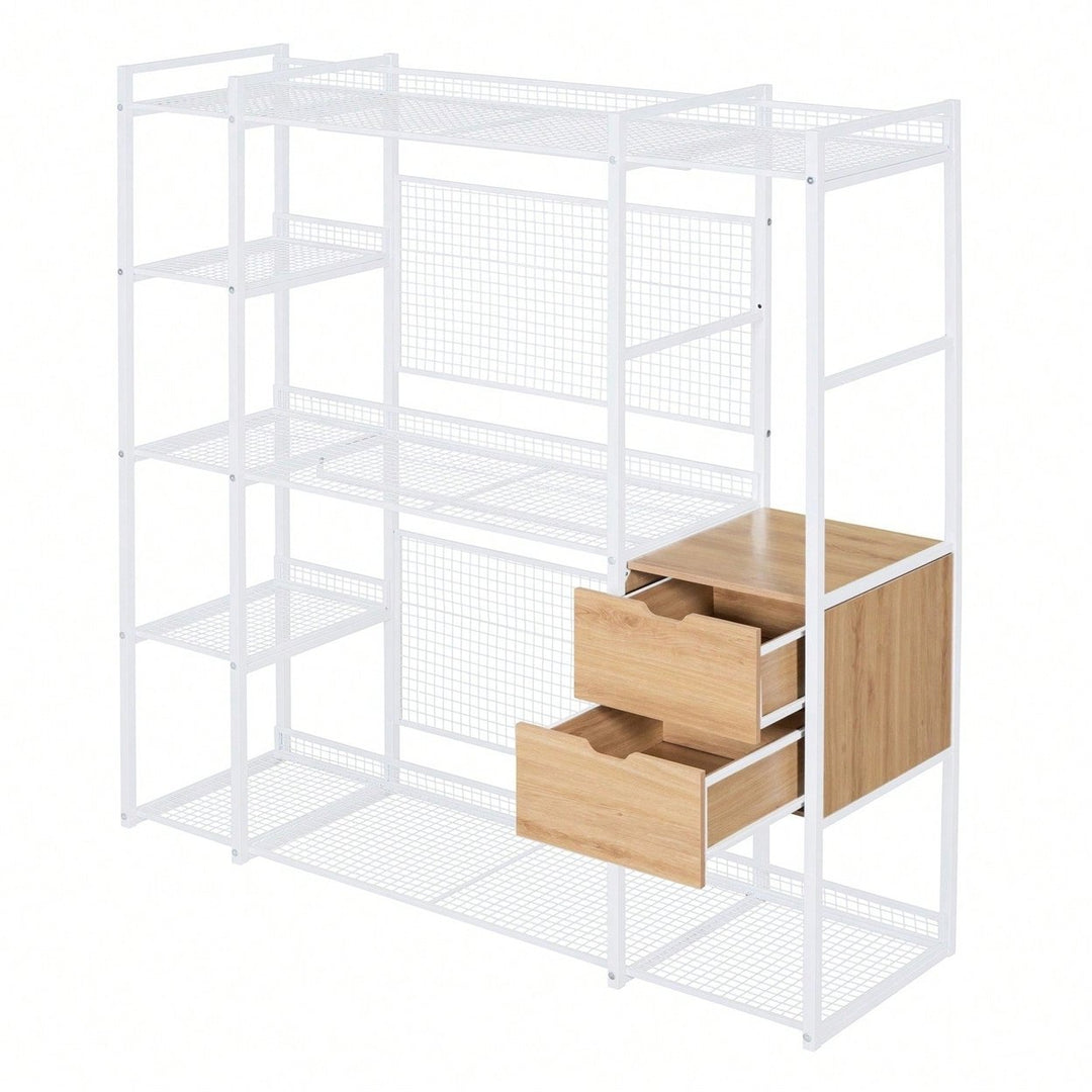 Industrial Open Wardrobe With Hanging Rails, Shelves, And Drawers, Large Clothing Rack With Storage For Bedroom Image 5