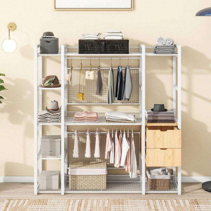 Industrial Open Wardrobe With Hanging Rails, Shelves, And Drawers, Large Clothing Rack With Storage For Bedroom Image 7