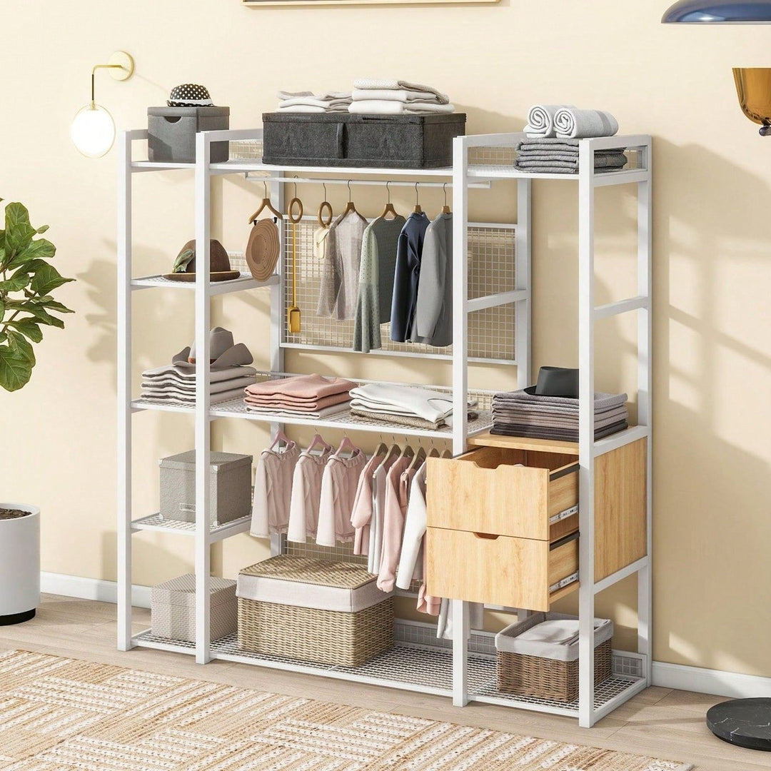 Industrial Open Wardrobe With Hanging Rails, Shelves, And Drawers, Large Clothing Rack With Storage For Bedroom Image 8