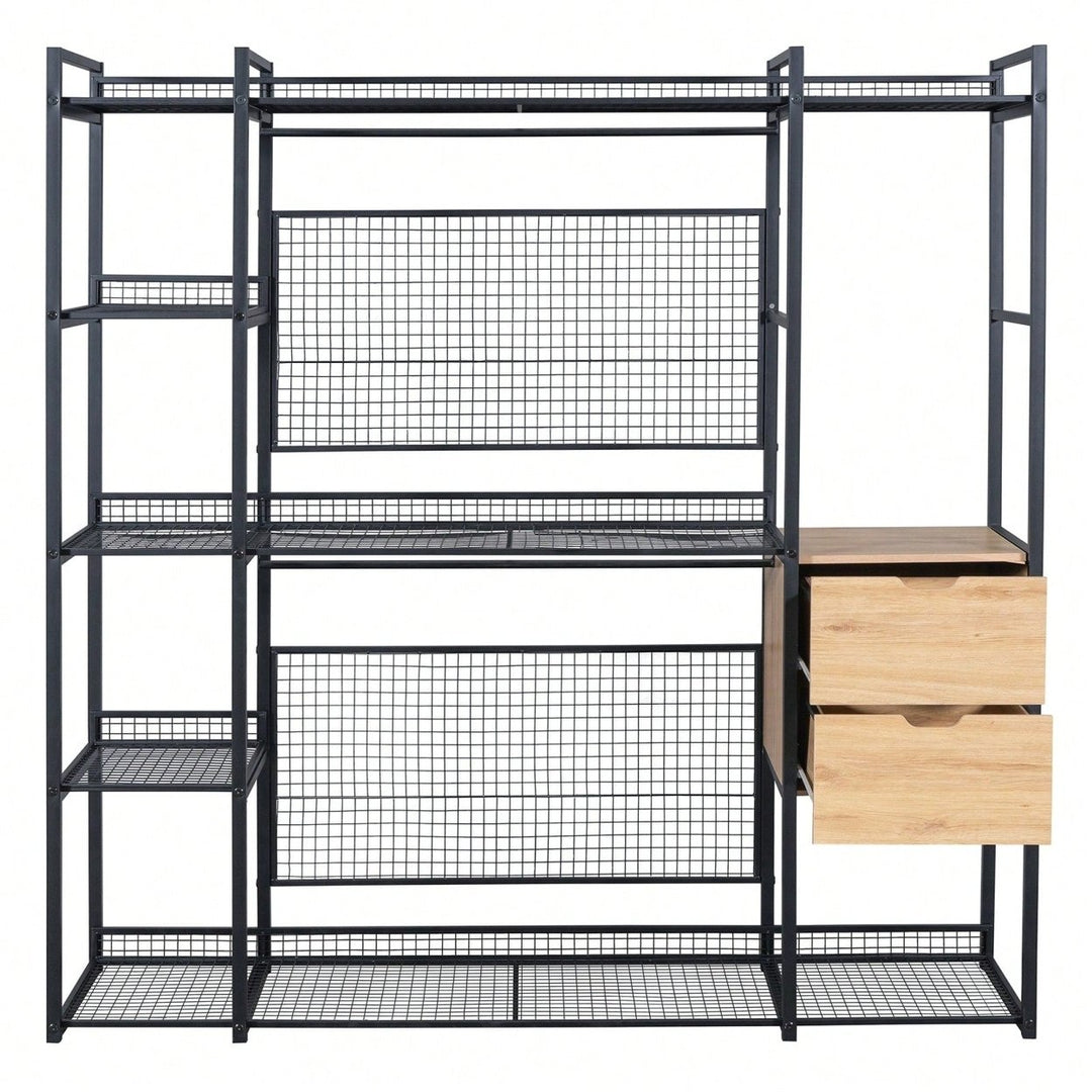 Industrial Open Wardrobe With Hanging Rails, Shelves, And Drawers, Large Clothing Rack With Storage For Bedroom Image 9