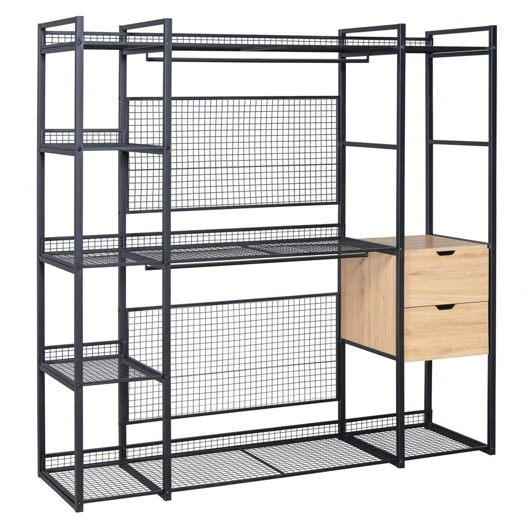 Industrial Open Wardrobe With Hanging Rails, Shelves, And Drawers, Large Clothing Rack With Storage For Bedroom Image 10