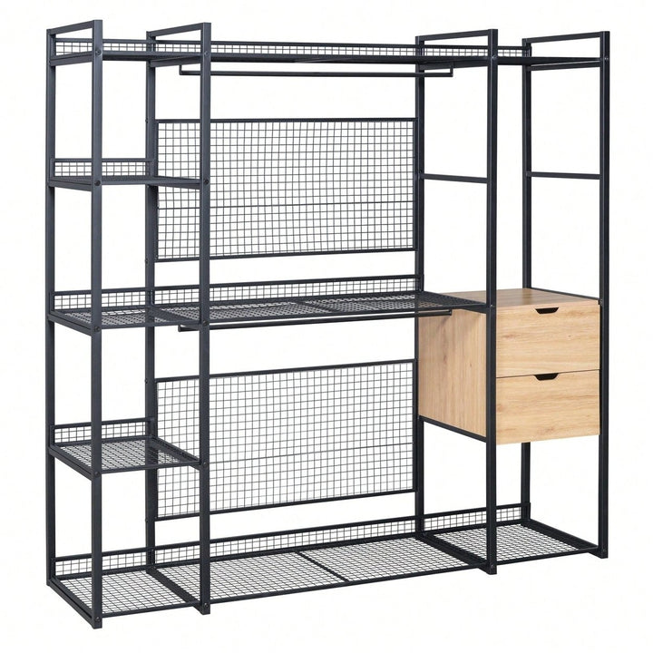 Industrial Open Wardrobe With Hanging Rails, Shelves, And Drawers, Large Clothing Rack With Storage For Bedroom Image 10