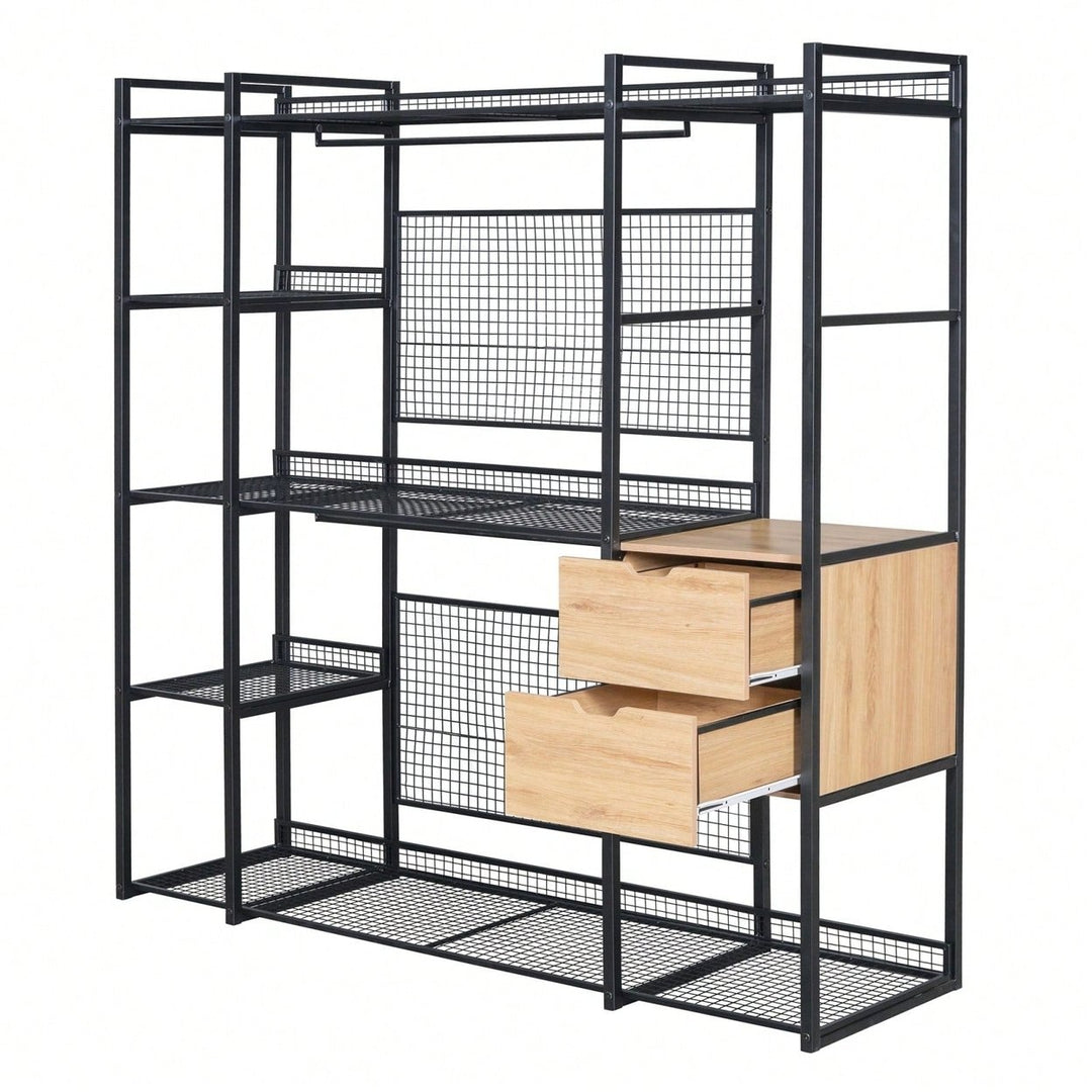 Industrial Open Wardrobe With Hanging Rails, Shelves, And Drawers, Large Clothing Rack With Storage For Bedroom Image 11