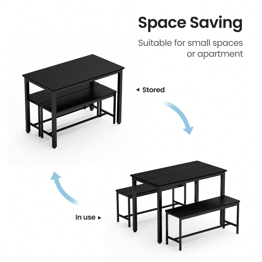 Industrial Style Dining Table Set with 2 Benches Natural White Finish Space-Saving Easy Assembly Durable Particleboard Image 10