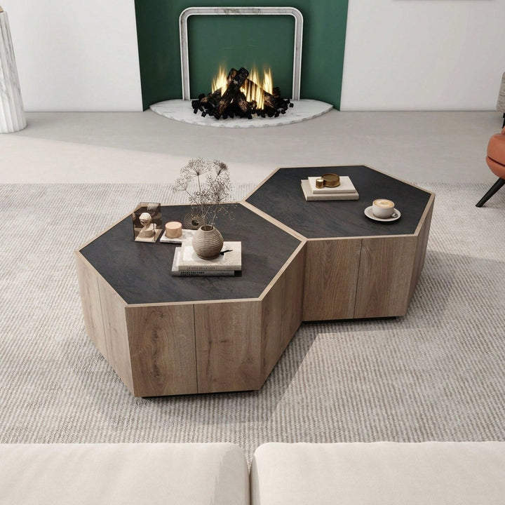 Hexagonal Rural Style Garden Retro Living Room Coffee Table With 2 Drawers Image 6