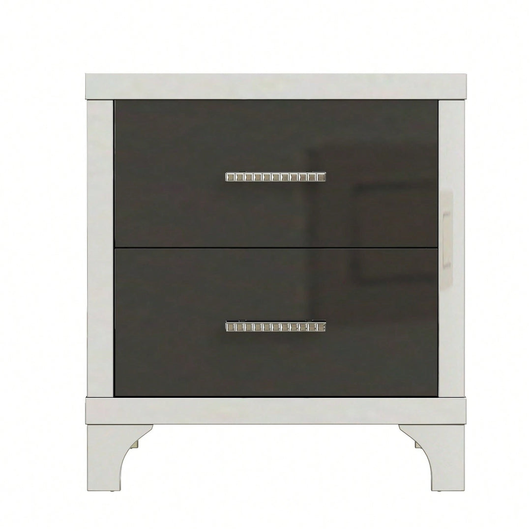 High Gloss Nightstand With Metal Handle,Mirrored Bedside Table With 2 Drawers For Bedroom,Living Room Image 1