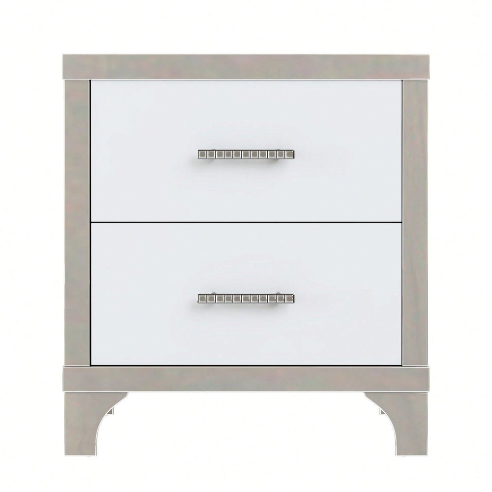 High Gloss Nightstand With Metal Handle,Mirrored Bedside Table With 2 Drawers For Bedroom,Living Room Image 2