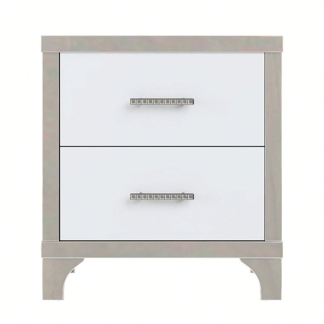 High Gloss Nightstand With Metal Handle,Mirrored Bedside Table With 2 Drawers For Bedroom,Living Room Image 2