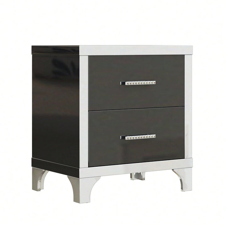 High Gloss Nightstand With Metal Handle,Mirrored Bedside Table With 2 Drawers For Bedroom,Living Room Image 3