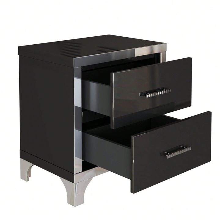 High Gloss Nightstand With Metal Handle,Mirrored Bedside Table With 2 Drawers For Bedroom,Living Room Image 4