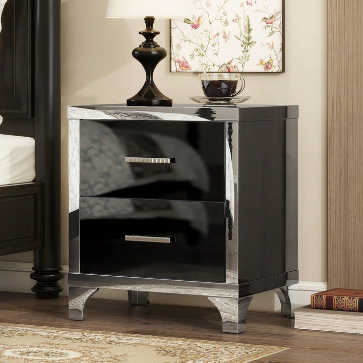 High Gloss Nightstand With Metal Handle,Mirrored Bedside Table With 2 Drawers For Bedroom,Living Room Image 7