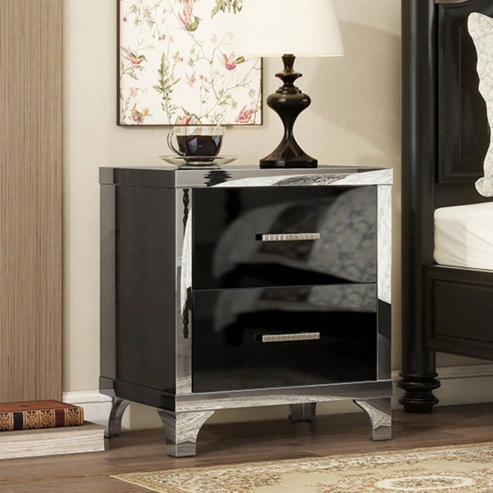 High Gloss Nightstand With Metal Handle,Mirrored Bedside Table With 2 Drawers For Bedroom,Living Room Image 9