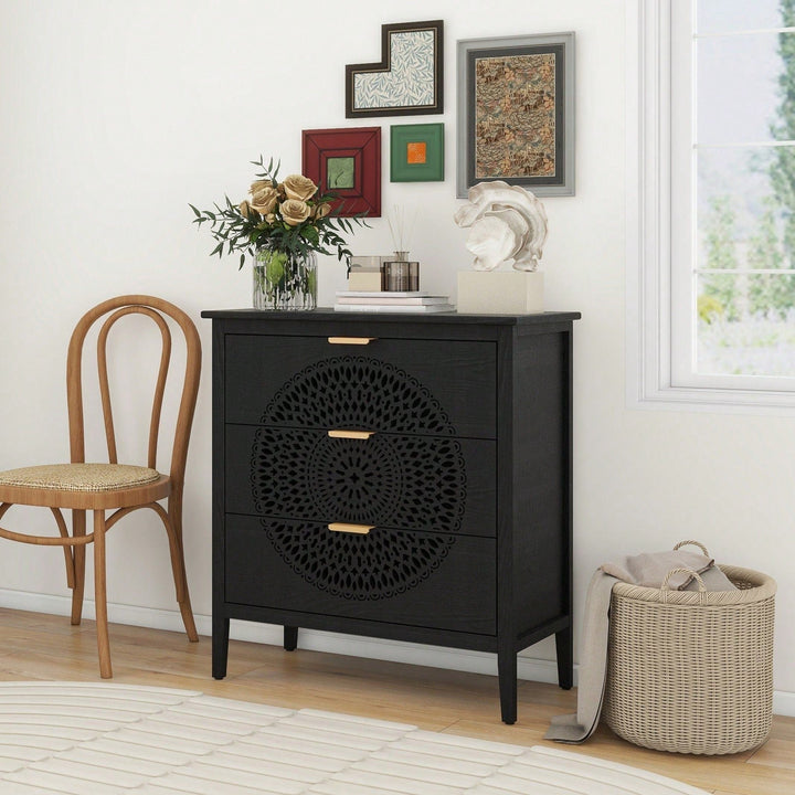 Hollow-Carved 3 Drawer Storage Chest With Metal Handles For Entryway Living Room Bedroom, Sturdy Pine Legs And Image 4