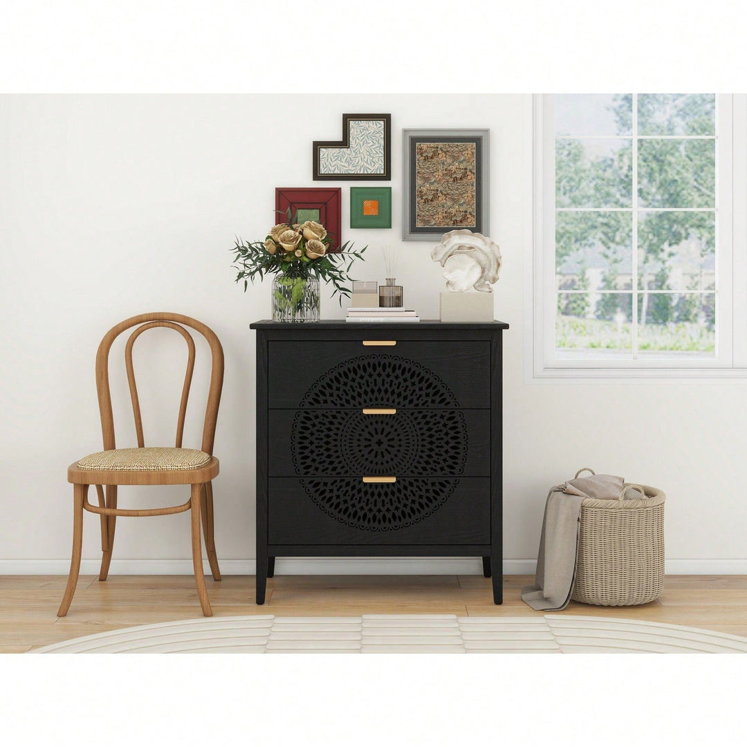 Hollow-Carved 3 Drawer Storage Chest With Metal Handles For Entryway Living Room Bedroom, Sturdy Pine Legs And Image 6