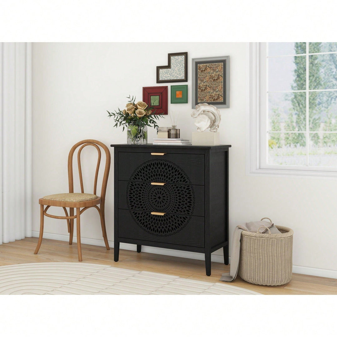 Hollow-Carved 3 Drawer Storage Chest With Metal Handles For Entryway Living Room Bedroom, Sturdy Pine Legs And Image 7