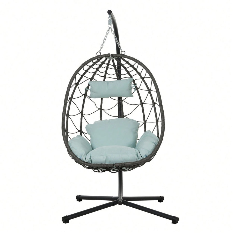 Indoor Outdoor Wicker Egg Chair with Stand and Cushions - Weather-Resistant Rattan Swing for Patio, Balcony, Living Room Image 1