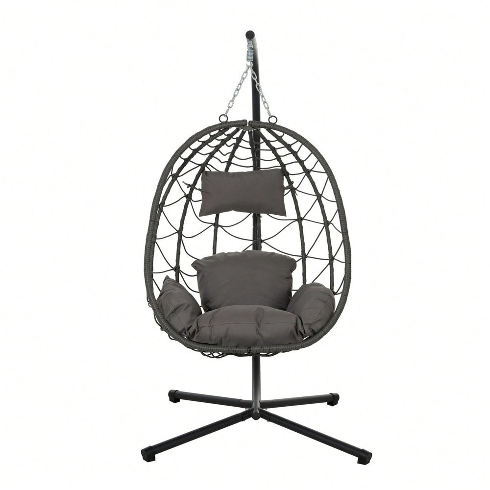 Indoor Outdoor Wicker Egg Chair with Stand and Cushions - Weather-Resistant Rattan Swing for Patio, Balcony, Living Room Image 2