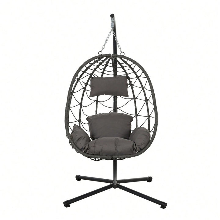 Indoor Outdoor Wicker Egg Chair with Stand and Cushions - Weather-Resistant Rattan Swing for Patio, Balcony, Living Room Image 1