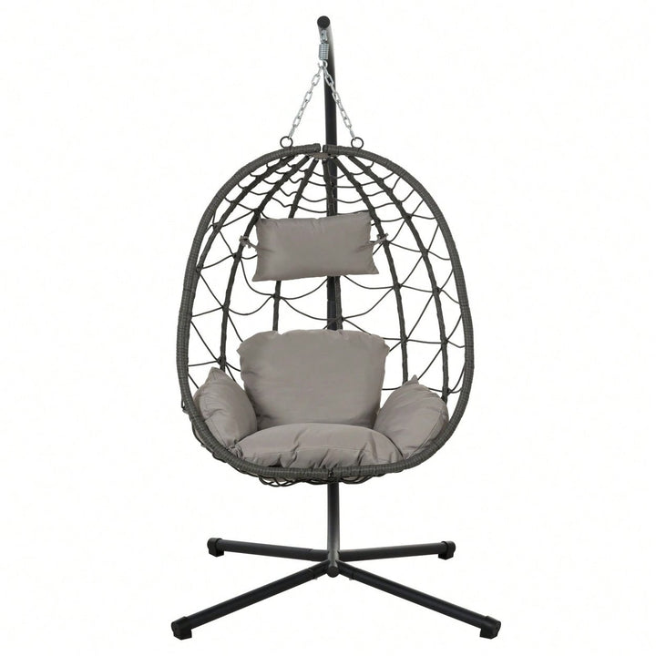 Indoor Outdoor Wicker Egg Chair with Stand and Cushions - Weather-Resistant Rattan Swing for Patio, Balcony, Living Room Image 3