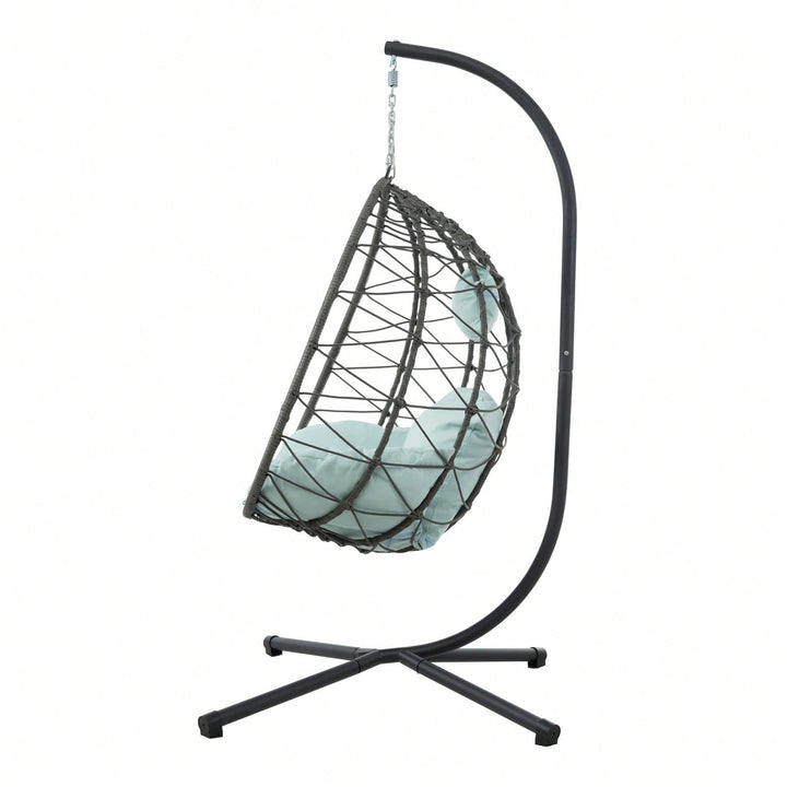 Indoor Outdoor Wicker Egg Chair with Stand and Cushions - Weather-Resistant Rattan Swing for Patio, Balcony, Living Room Image 4