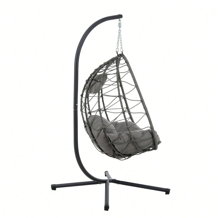 Indoor Outdoor Wicker Egg Chair with Stand and Cushions - Weather-Resistant Rattan Swing for Patio, Balcony, Living Room Image 8