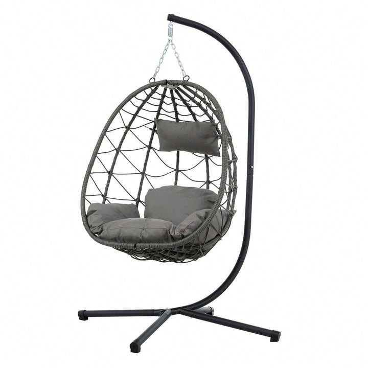 Indoor Outdoor Wicker Egg Chair with Stand and Cushions - Weather-Resistant Rattan Swing for Patio, Balcony, Living Room Image 9