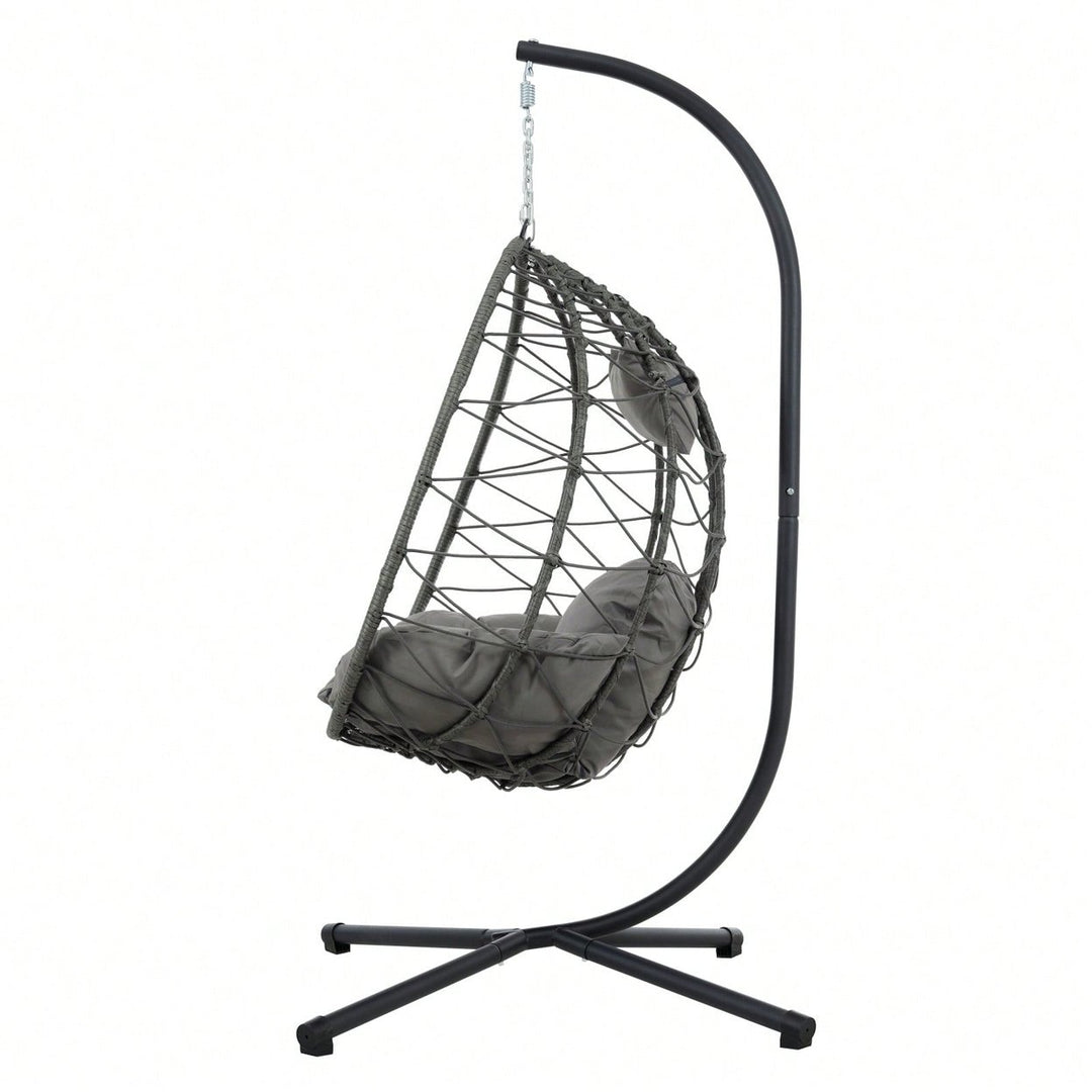 Indoor Outdoor Wicker Egg Chair with Stand and Cushions - Weather-Resistant Rattan Swing for Patio, Balcony, Living Room Image 10