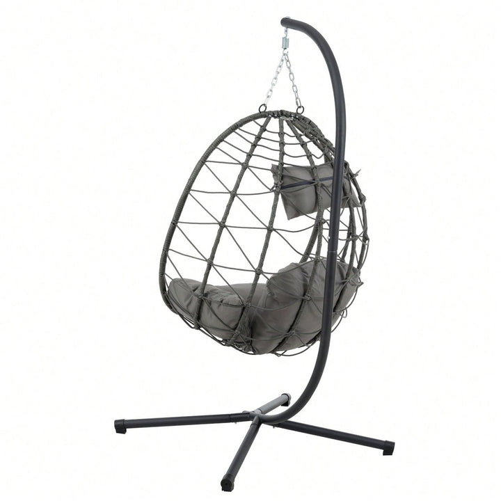 Indoor Outdoor Wicker Egg Chair with Stand and Cushions - Weather-Resistant Rattan Swing for Patio, Balcony, Living Room Image 11