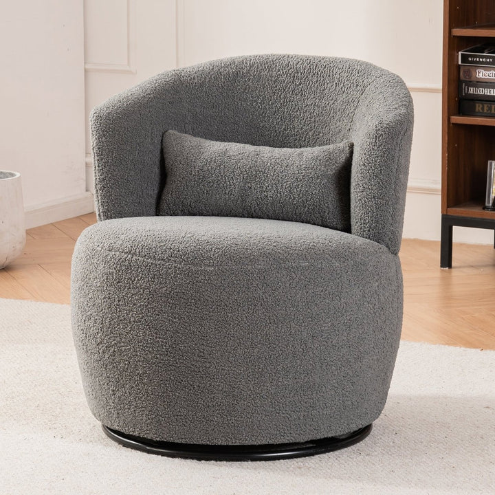 Grey Plush Swivel Accent Chair - Contemporary Round Armchair with 360 Rotation and Metal Base for Living Room Elegance Image 1