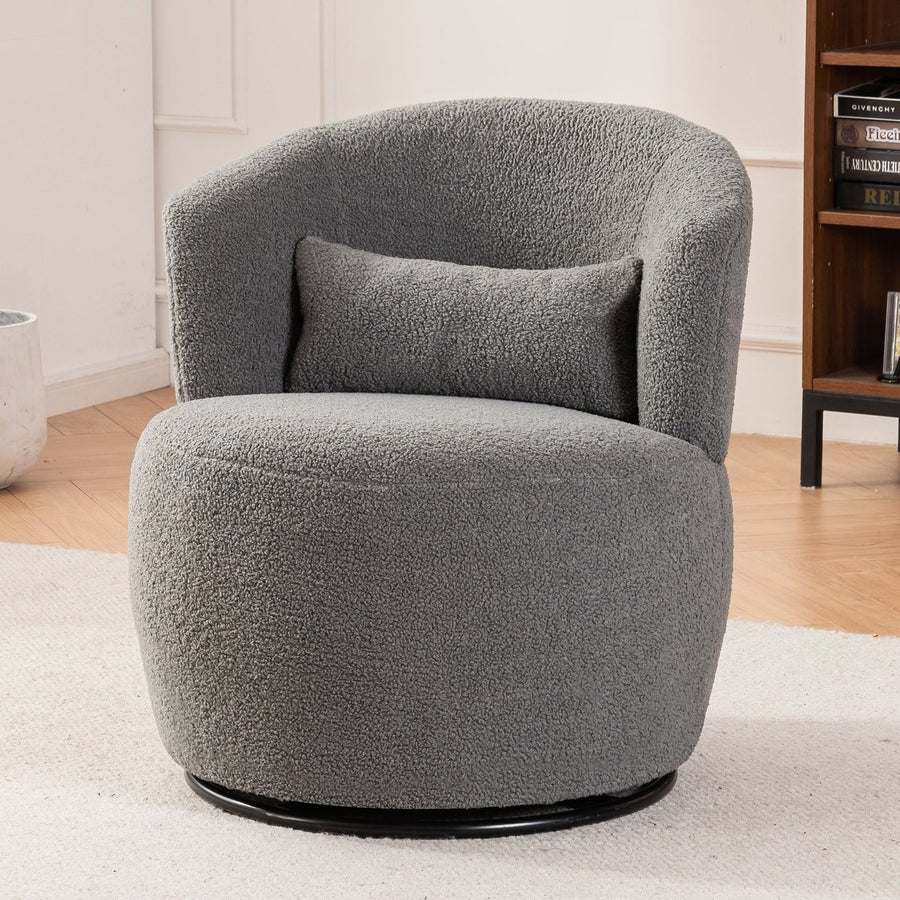 Grey Plush Swivel Accent Chair - Contemporary Round Armchair with 360 Rotation and Metal Base for Living Room Elegance Image 1