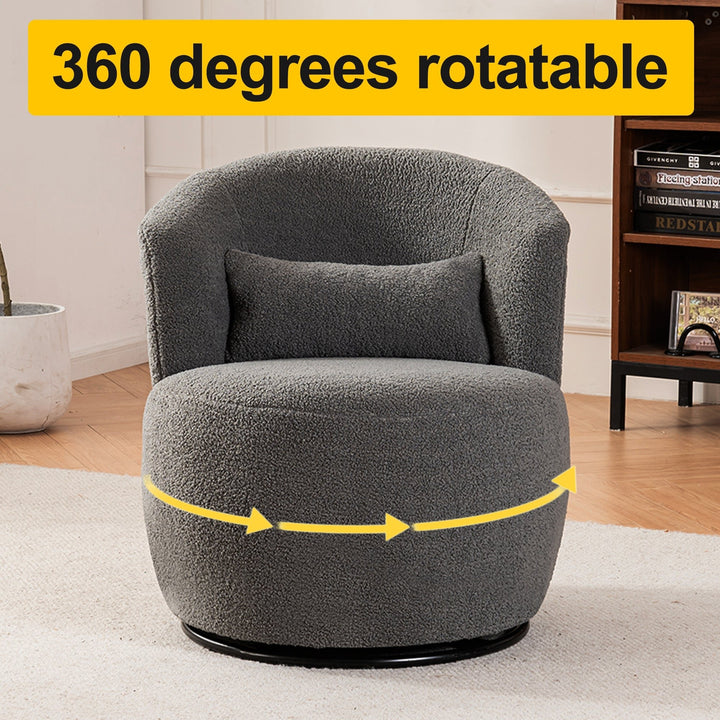 Grey Plush Swivel Accent Chair - Contemporary Round Armchair with 360 Rotation and Metal Base for Living Room Elegance Image 4