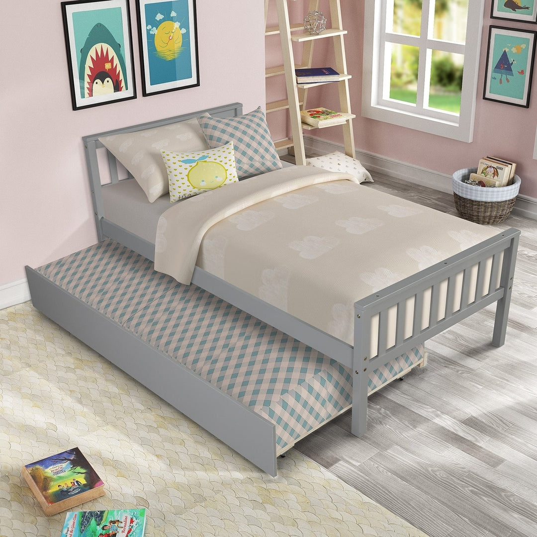 Grey Twin Bed with Trundle Platform Frame Headboard Footboard Ideal for Small Spaces No Box Spring Required Image 1