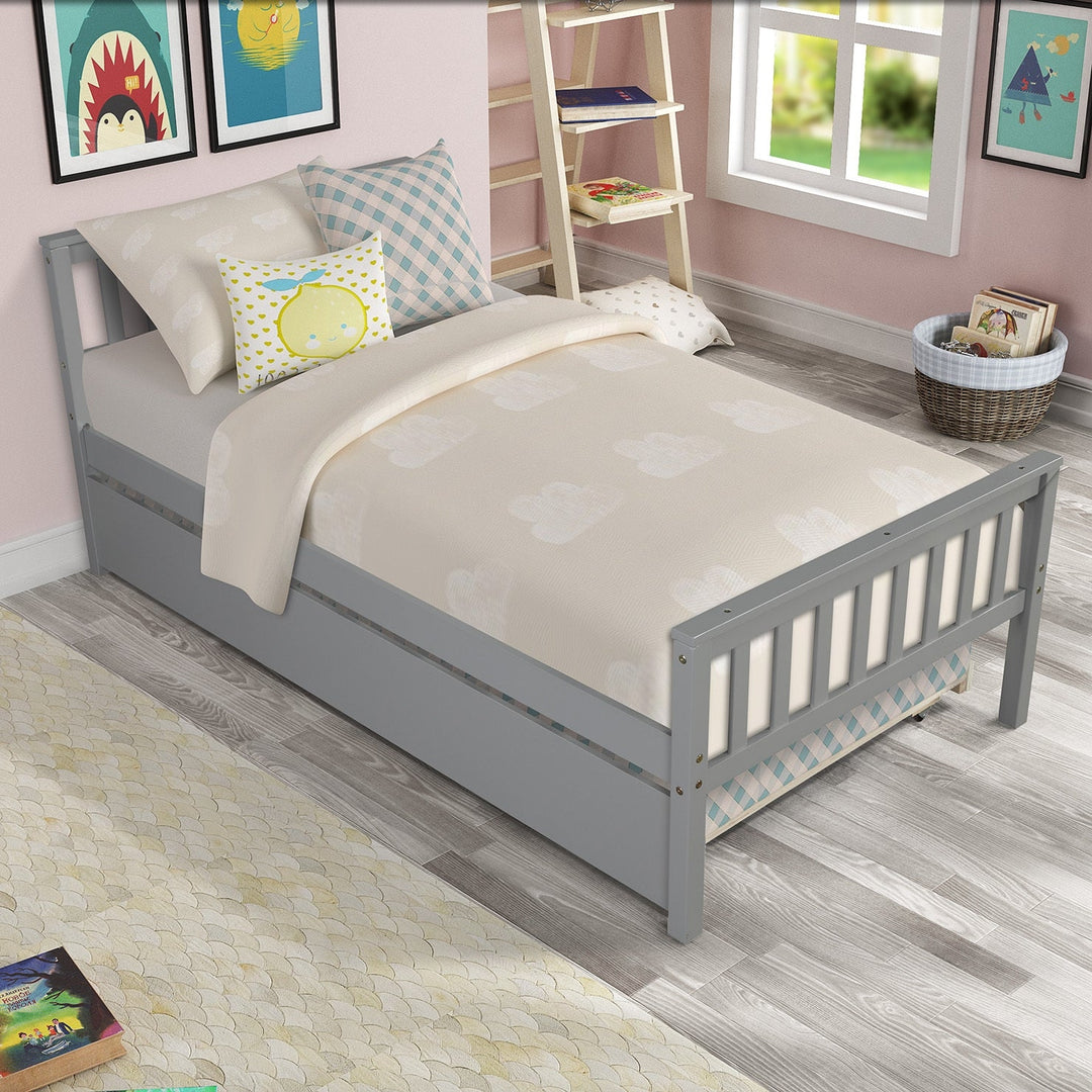 Grey Twin Bed with Trundle Platform Frame Headboard Footboard Ideal for Small Spaces No Box Spring Required Image 2