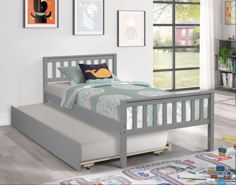 Grey Twin Bed with Trundle Platform Frame Headboard Footboard Ideal for Small Spaces No Box Spring Required Image 3