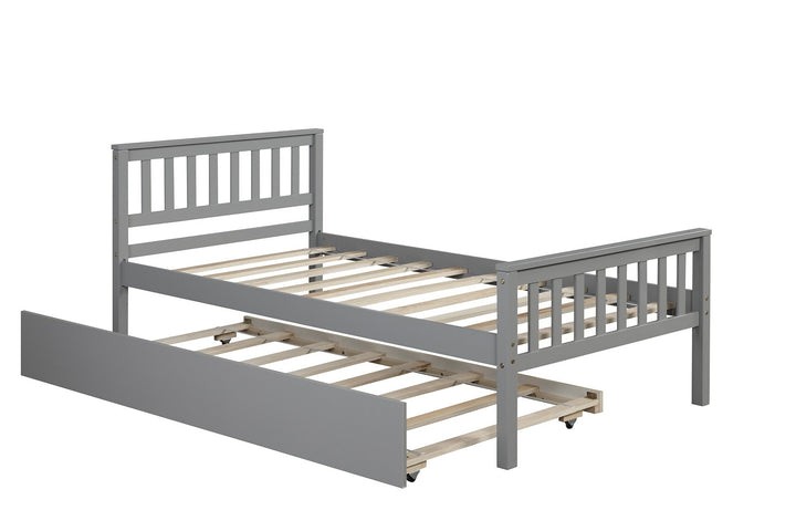 Grey Twin Bed with Trundle Platform Frame Headboard Footboard Ideal for Small Spaces No Box Spring Required Image 4