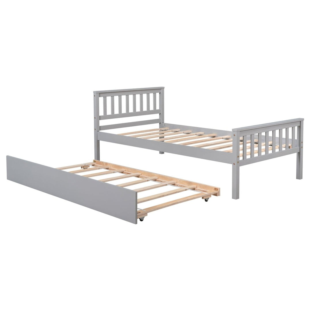 Grey Twin Bed with Trundle Platform Frame Headboard Footboard Ideal for Small Spaces No Box Spring Required Image 6