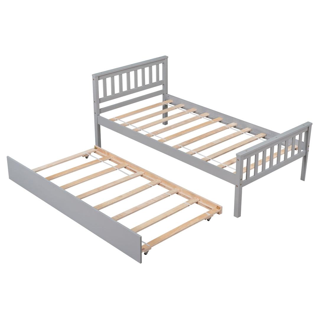 Grey Twin Bed with Trundle Platform Frame Headboard Footboard Ideal for Small Spaces No Box Spring Required Image 7