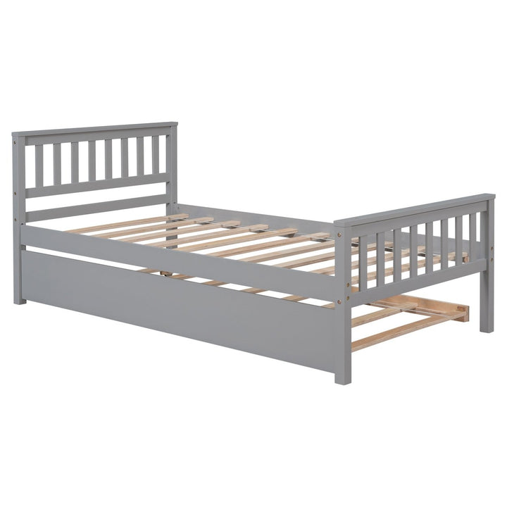 Grey Twin Bed with Trundle Platform Frame Headboard Footboard Ideal for Small Spaces No Box Spring Required Image 8