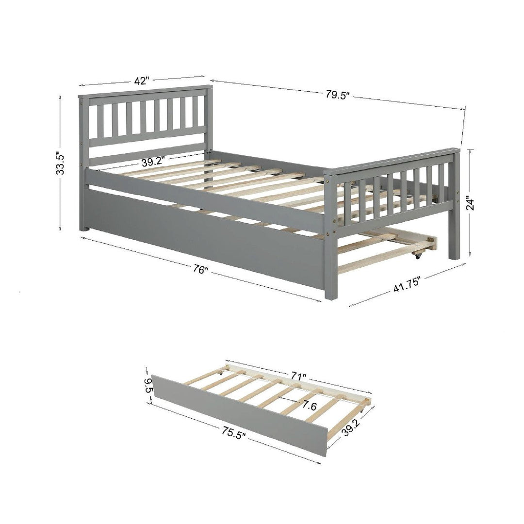 Grey Twin Bed with Trundle Platform Frame Headboard Footboard Ideal for Small Spaces No Box Spring Required Image 9