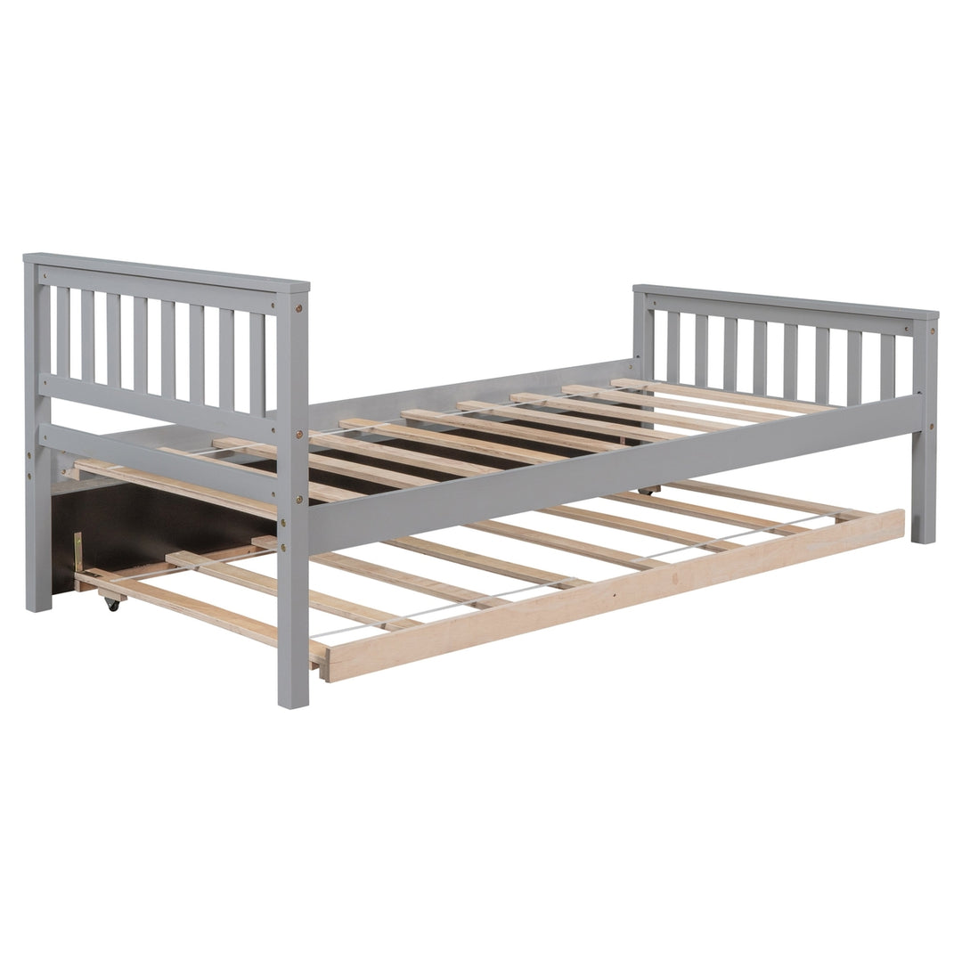 Grey Twin Bed with Trundle Platform Frame Headboard Footboard Ideal for Small Spaces No Box Spring Required Image 11