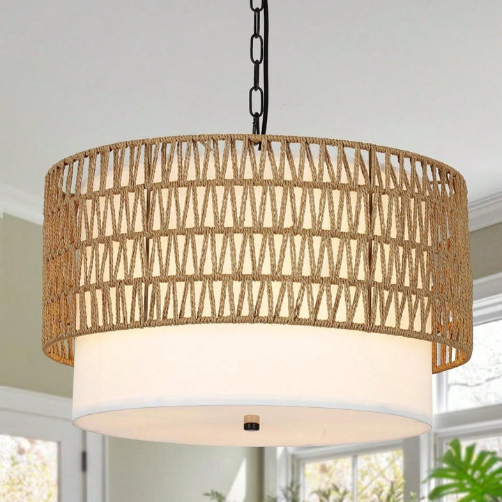 Hand Woven 5-Light Rattan Boho Chandelier with Fabric Shade for Dining Room Kitchen Bedroom Hallway Image 1