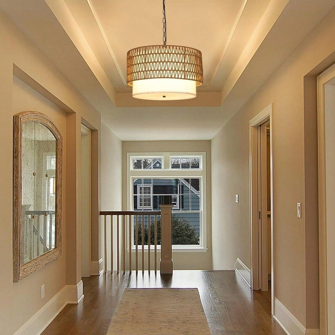 Hand Woven 5-Light Rattan Boho Chandelier with Fabric Shade for Dining Room Kitchen Bedroom Hallway Image 2